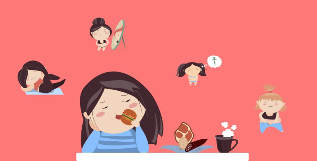 kreslené dievča jesť, cvičiť, schudnúť